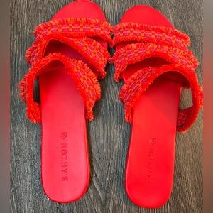 Rothy's Triple Band Bright Red Fringe Trim Slip On Slide Sandals Women's 10